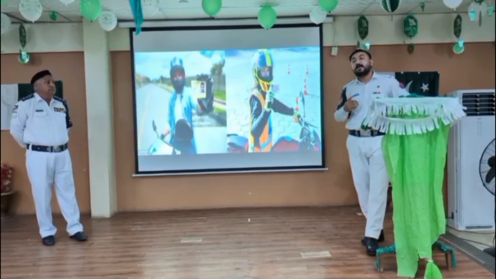 Karachi Traffic Police conducting a road safety awareness session for students at PIA Model School