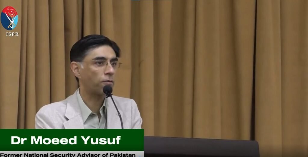 Former National Security Adviser Dr. Moeed Yusuf speaking to students during the ISPR Summer Internship Program 2026 on national security and youth leadership.