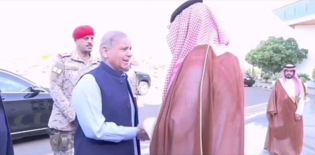 Prime Minister Shehbaz Sharif and the Pakistani delegation at Madinah airport after completing the Saudi Arabia visit.