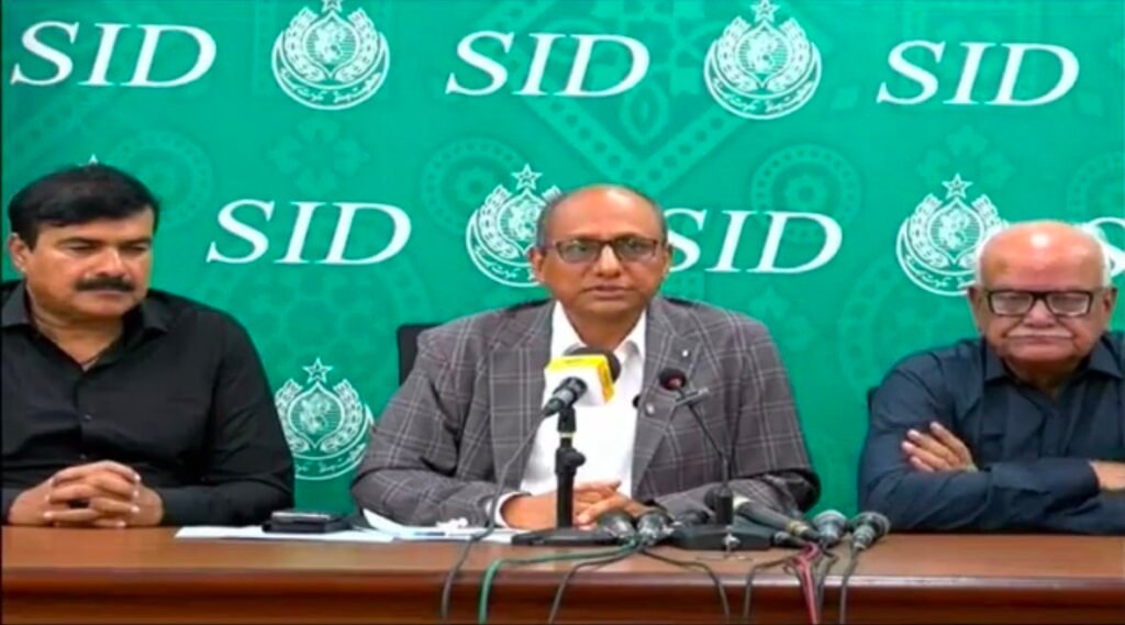 Sindh Labour Minister Saeed Ghani speaks during a press conference on constitutional, political and governance issues in Karachi.