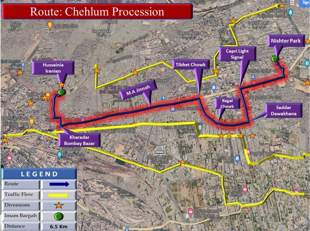 Traffic police personnel manage road closures and traffic arrangements for the Chehlum procession in Karachi.
