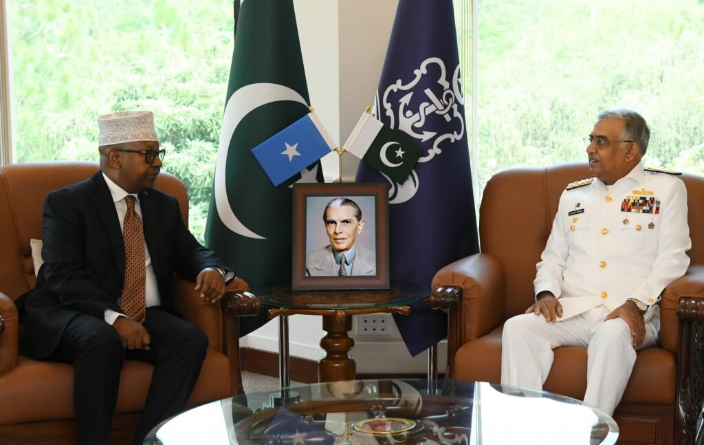 Chief of Pakistan Navy Admiral Naveed Ashraf meets Somalia's Defence Minister at Naval Headquarters in Islamabad.