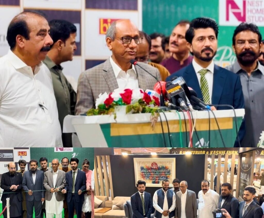 Sindh Minister Saeed Ghani visits stalls during the Pakistan Furniture Trade Show 2026 at Karachi Expo Centre.
