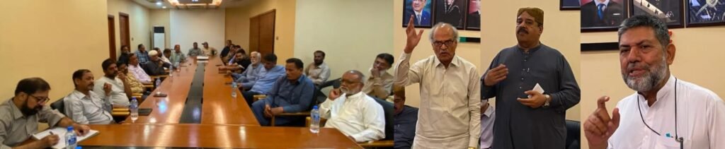 Peoples Labour Bureau and labour union leaders at a meeting in Karachi.