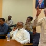 Peoples Labour Bureau and labour union leaders at a meeting in Karachi.