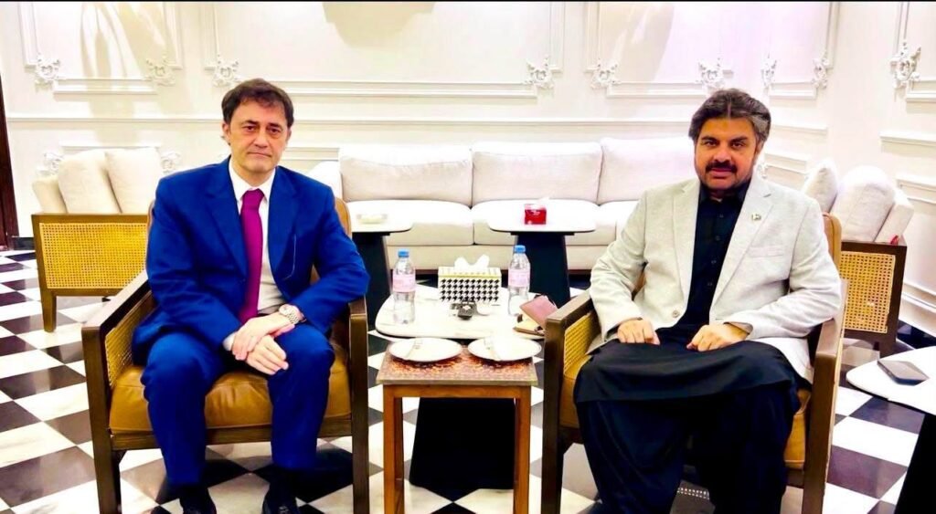 Sindh Minister Nasir Hussain Shah meeting Italy Consul Fabrizio Bielli in Karachi.