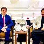 Sindh Minister Nasir Hussain Shah meeting Italy Consul Fabrizio Bielli in Karachi.