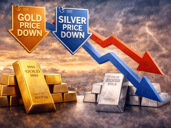 Gold and silver bars representing a sharp decline in precious metal prices in Pakistan.