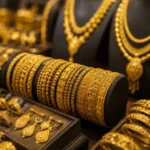Gold jewelry and silver bars displayed at a jewelry shop after the latest increase in precious metal prices.