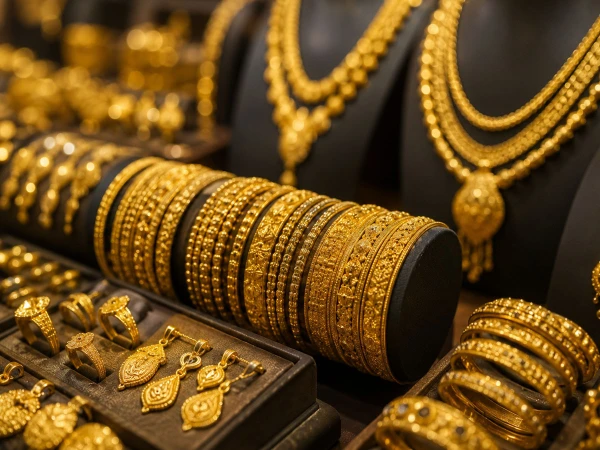 Gold jewelry and silver bars displayed at a jewelry shop after the latest increase in precious metal prices.