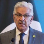 Defence Minister Khawaja Asif speaking to media at Parliament House Islamabad
