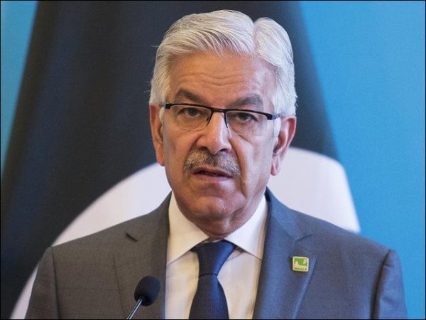 Defence Minister Khawaja Asif speaking to media at Parliament House Islamabad