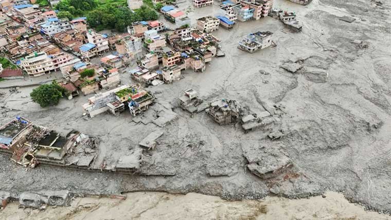 Rescue teams conducting operations after a glacier flood in Nepal
