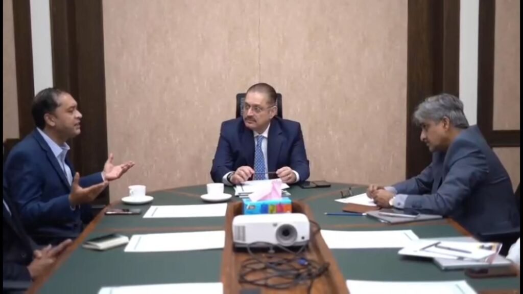 Sindh Senior Minister Sharjeel Memon chairs a transport department meeting in Karachi.