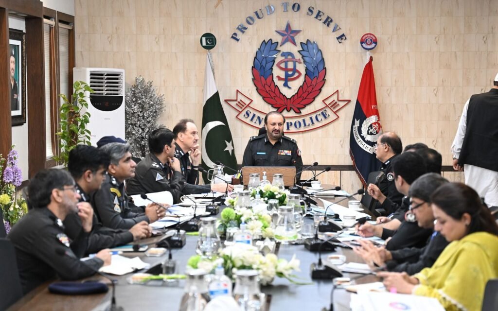 Sindh Police officials attend a meeting on police property management in Karachi
