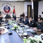 Sindh Police IG Javed Alam Odho presiding over a meeting on crime prevention and law and order in Sindh.