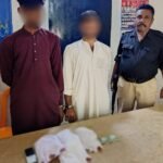 Tipu Sultan Police officers arrest two drug suspects and recover hashish in Karachi.