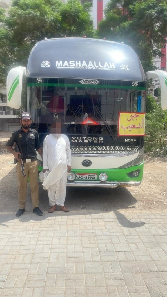 Karachi police arresting a bus driver after a fatal accident involving an 18-year-old man.