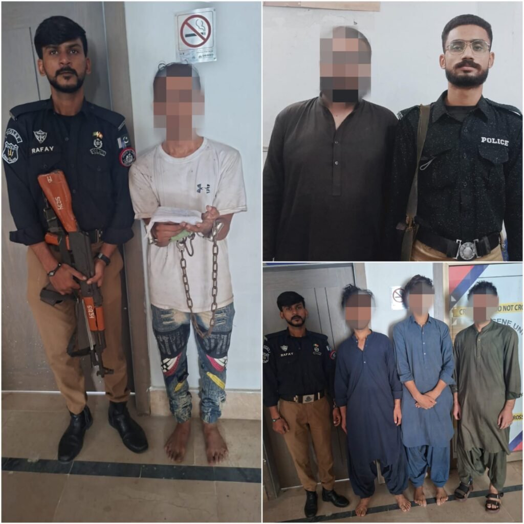 Karachi Central District Police officers during operations against wanted suspects and drug dealers