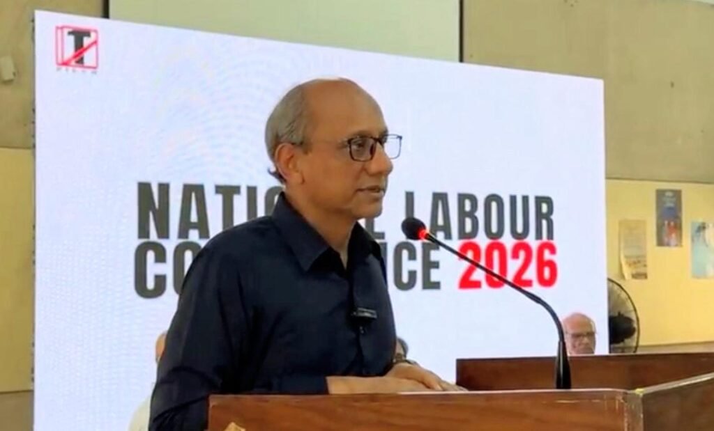 Sindh Labour Minister Saeed Ghani addresses the National Labour Conference 2026 in Karachi