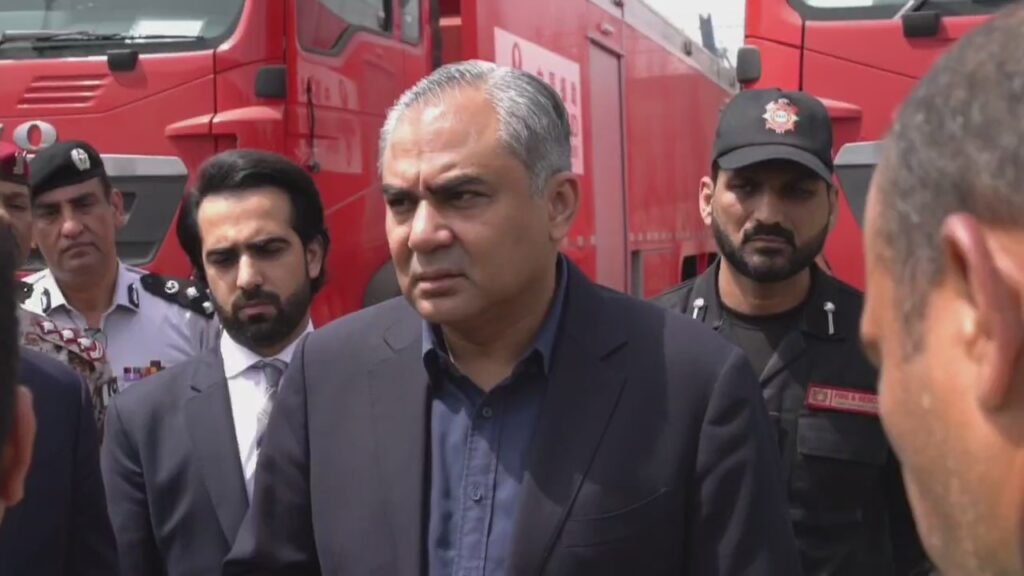 Mohsin Naqvi inspecting new rescue and fire brigade vehicles at Karachi Port