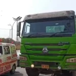 Dumper hits motorcycle near Drug Road Underpass in Karachi