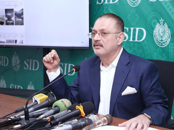 Sindh Senior Minister Sharjeel Inam Memon speaking during a press conference in Karachi.