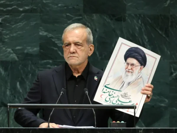 Iranian President Masoud Pezeshkian speaking at the United Nations General Assembly