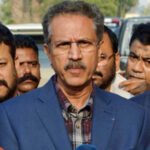 MQM Pakistan leader Waseem Akhtar speaking at a press conference in Karachi