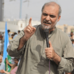 Jamaat-e-Islami chief Hafiz Naeem ur Rehman addresses a gathering in Karachi, criticising petroleum levy, inflation and delays in civic development projects.