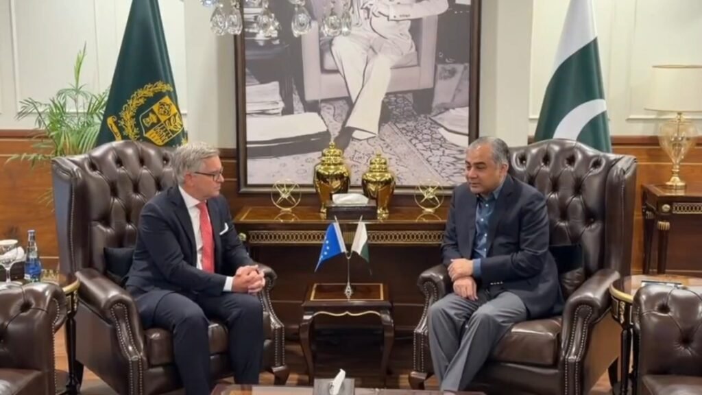 Pakistan Interior Minister Mohsin Naqvi meeting European Commissioner for Home Affairs and Migration Magnus Brunner