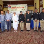 Police officers and personnel participate in a blood donation camp at Karachi Police Headquarters South Zone Garden