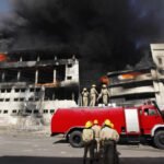 Fire brigade responding to a factory fire in Azizabad Block 2 Karachi