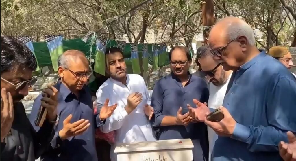 Sindh Labour Minister Saeed Ghani and PPP leaders offering prayers at the graves of Karsaz tragedy martyrs.