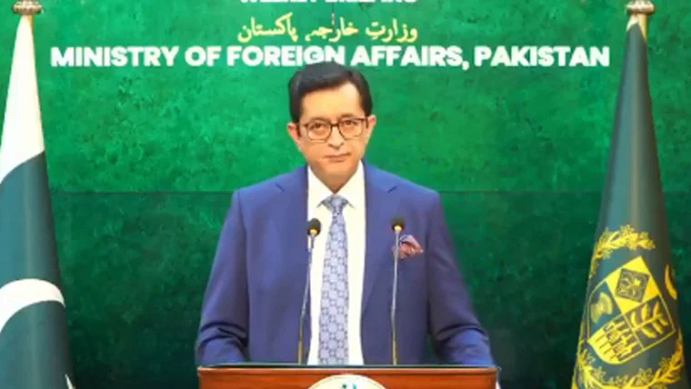 Pakistan Foreign Office spokesperson Sajjad Haider Khan speaking during a weekly media briefing in Islamabad