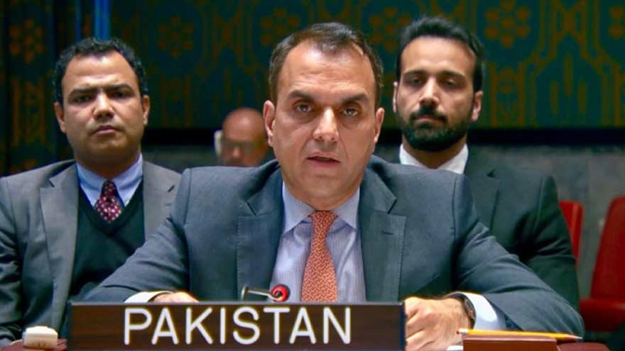 Pakistan's UN envoy Usman Jadoon addresses the Security Council on Israeli operations in Syria.