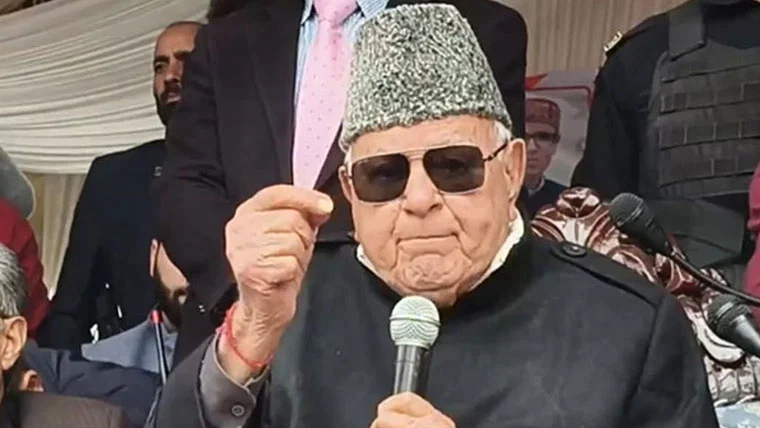 - Farooq Abdullah speaking at a public gathering in Baramulla, Indian-administered Kashmir.
