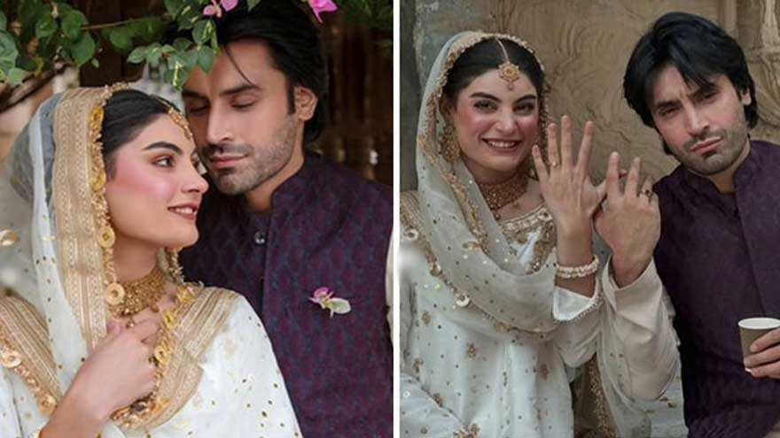 Tamasha Season 5 contestants Esra Ayesha Khan and Zayb Khan in their Nikah outfits.