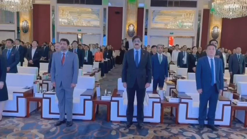 Sindh Chief Minister Murad Ali Shah speaking at an investment conference in Shanghai, China