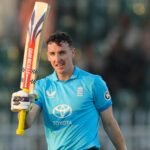 England captain Harry Brook celebrates scoring 202 runs against Sri Lanka in an ODI match in Rawalpindi