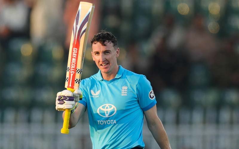 England captain Harry Brook celebrates scoring 202 runs against Sri Lanka in an ODI match in Rawalpindi
