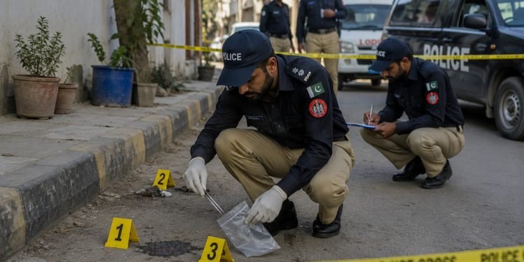 SSP Malir at the scene of a five-person death investigation in Falak Naz, Karachi