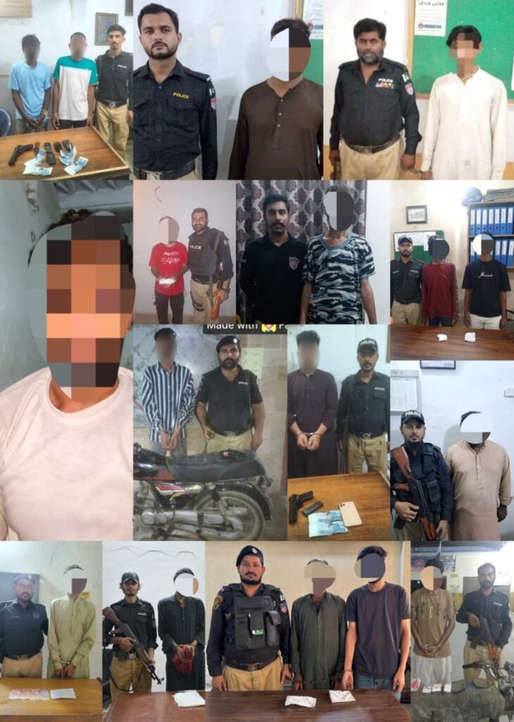 Karachi District Central Police operation with seized drugs, weapons and mobile phones