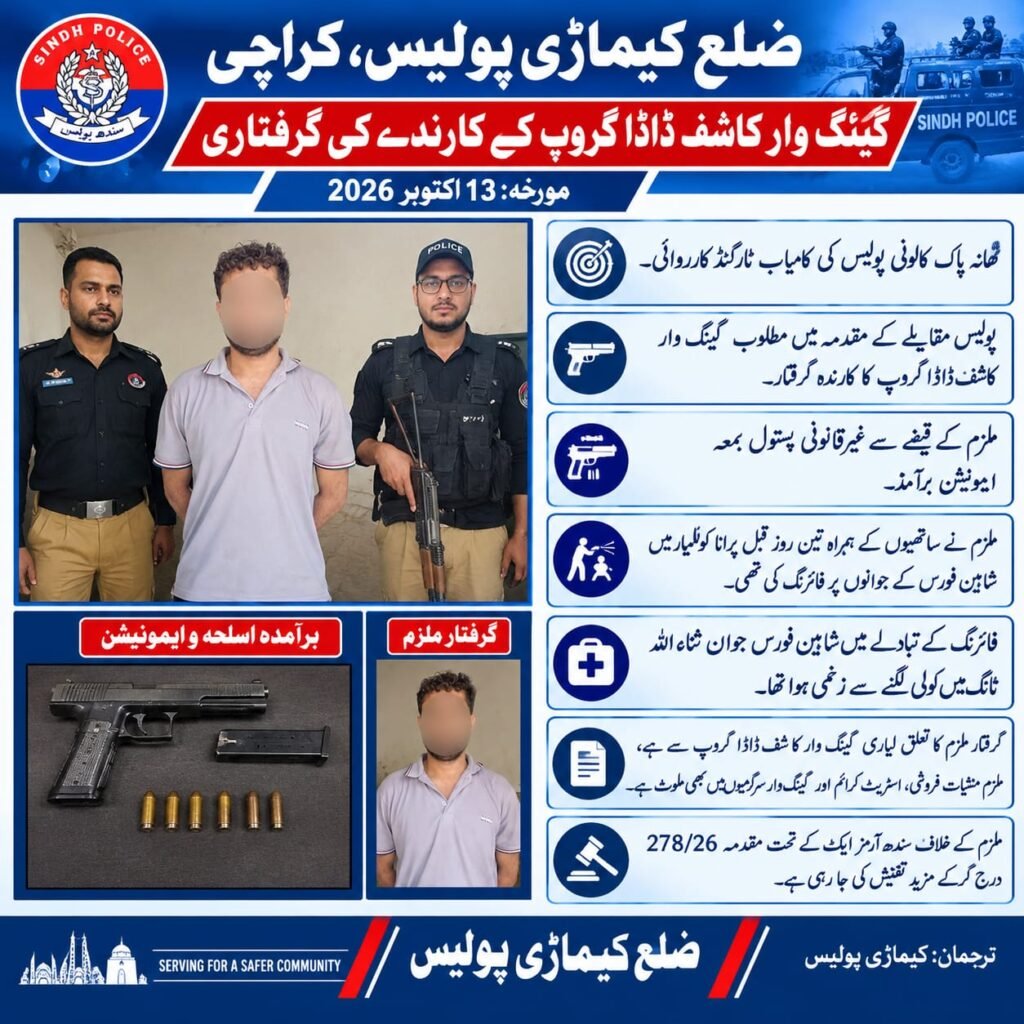 Keamari Police operation leading to the arrest of a suspected Kashif Dada group operative