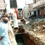 Repair work on the collapsed 18-inch sewerage line near Jalebi Chowk in Korangi, Karachi