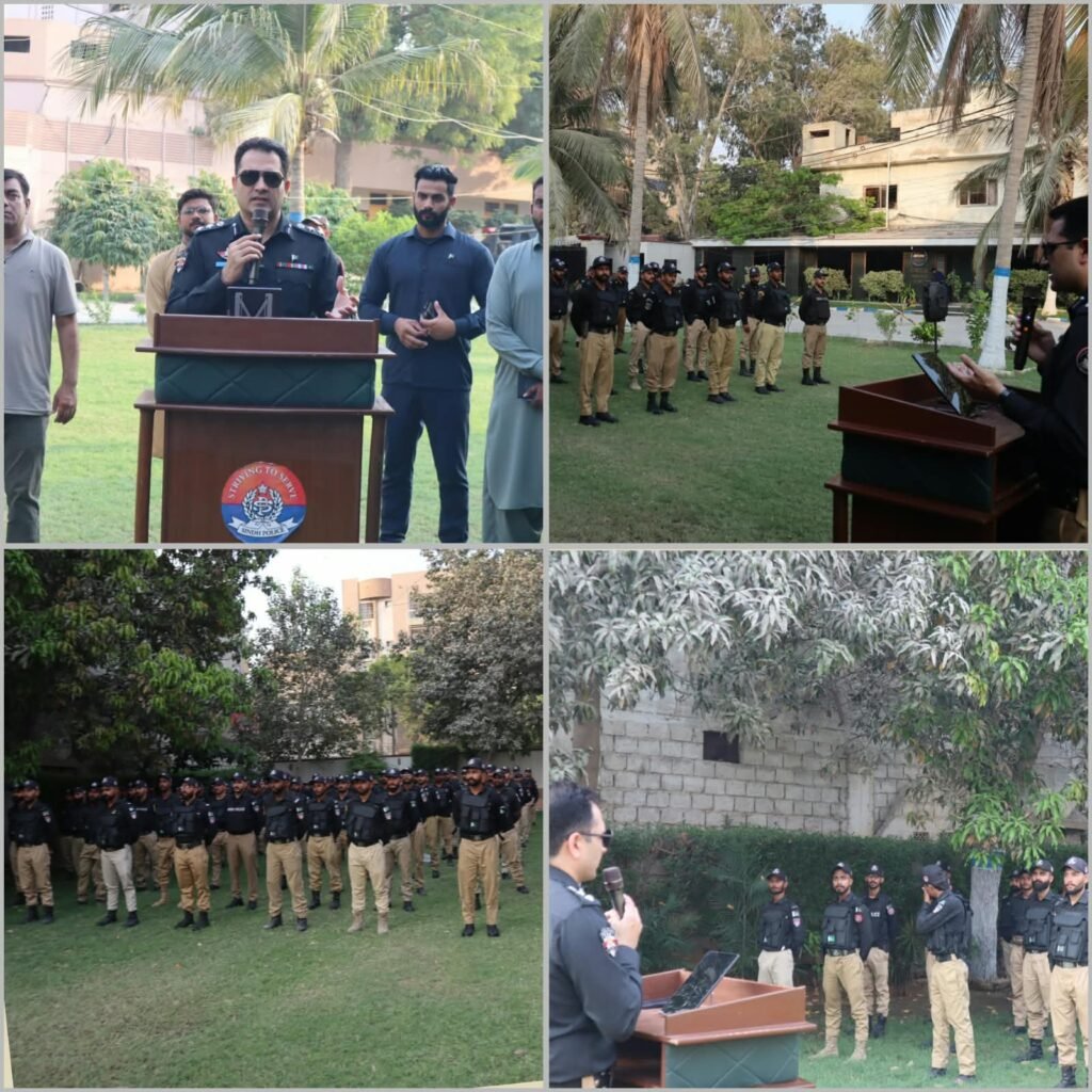SSP Central Muhammad Imran Khan addressing Shaheen Force personnel on police technology and crime response