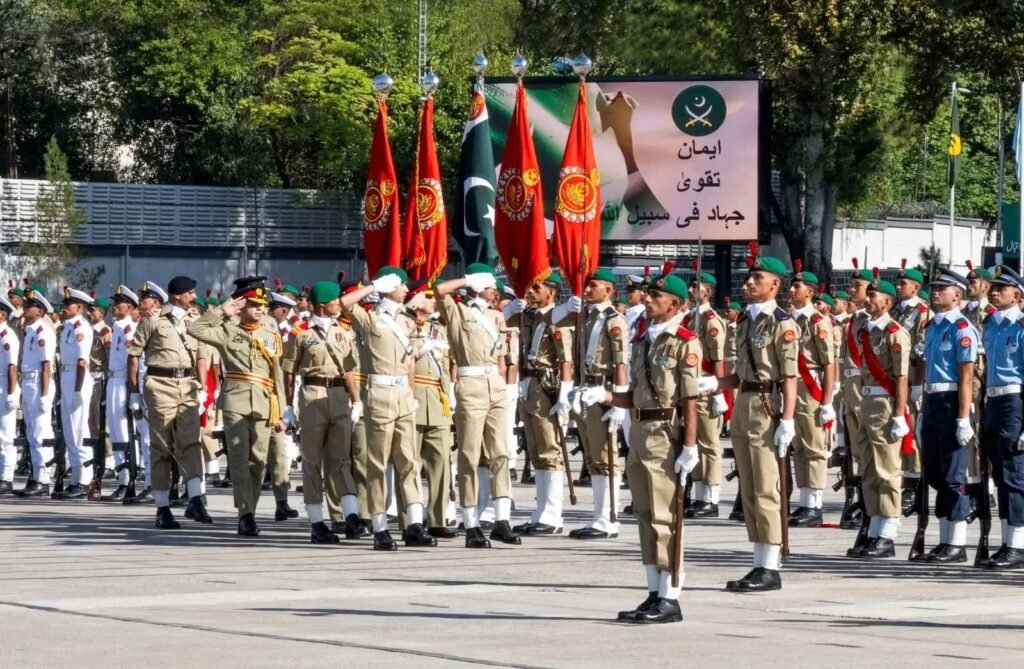 Newly trained cadets at the Pakistan Military Academy Kakul passing-out parade.