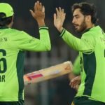 Pakistan all-rounder Arafat Minhas celebrates his outstanding performance after scoring 59 runs and taking six wickets against England in the tri-series ODI match.