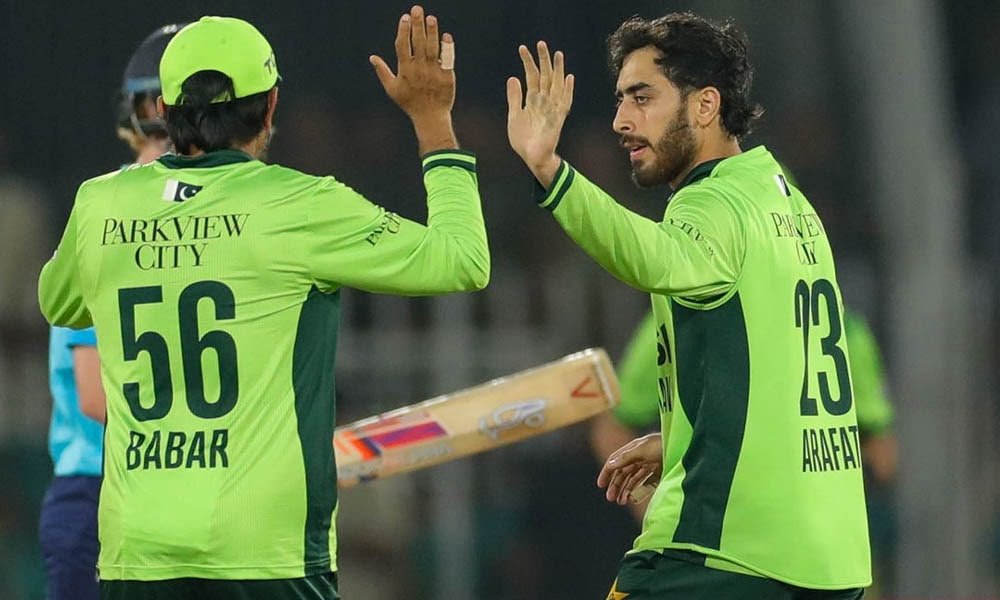 Pakistan all-rounder Arafat Minhas celebrates his outstanding performance after scoring 59 runs and taking six wickets against England in the tri-series ODI match.