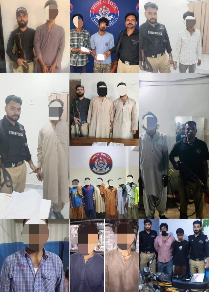 Karachi District Central Police officers conduct operations against suspected criminals and drug dealers.